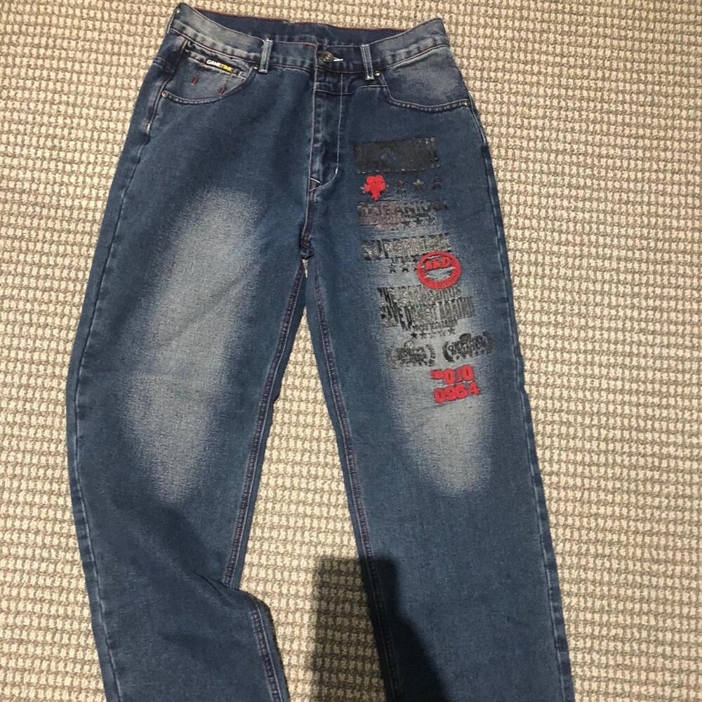 Navy blue vintage designer style 90s baggy jeans with red accents